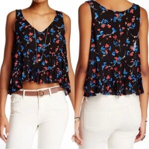 Intimately Free People  Floral Print Black Crinkle Breeze Crop Tank Top